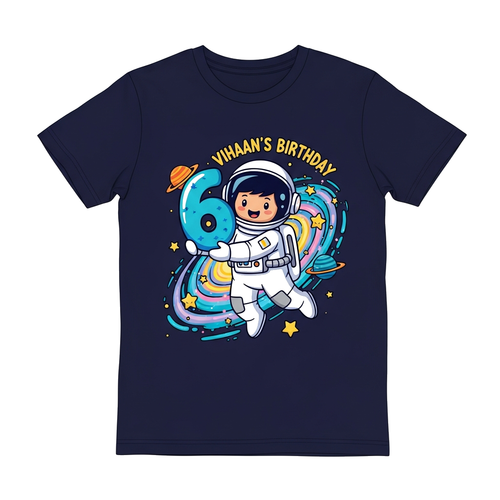 Custom design: A cute cartoon astronaut character, holding a large number '6', floating happily in a vibrant, swirling Milky Way gal...