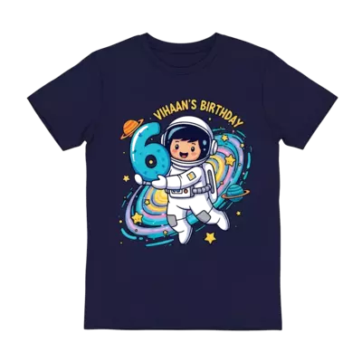 Design: A cute cartoon astronaut character, holding a large number '6', floating happ...