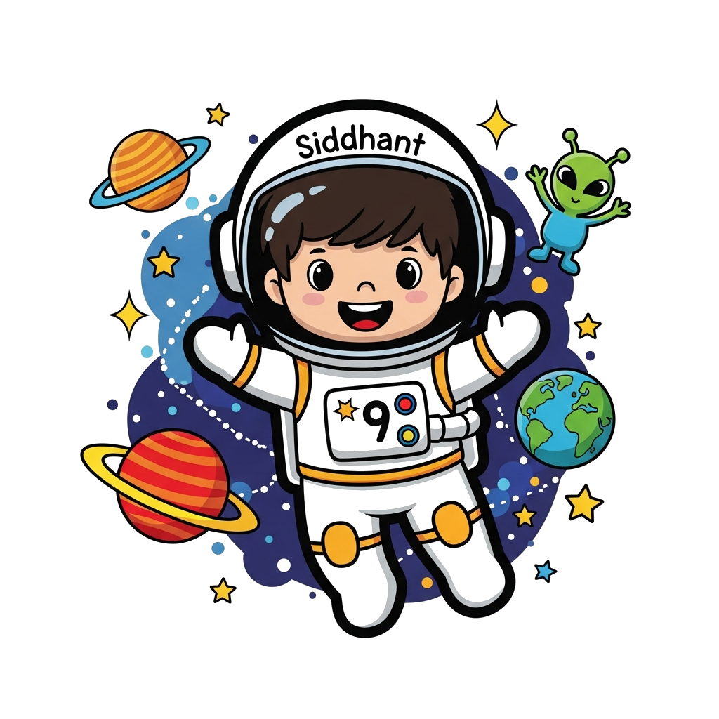 Custom design: A cheerful cartoon astronaut boy, with 'Siddhant' on his helmet and the number 9 on his suit, happily floating in col...