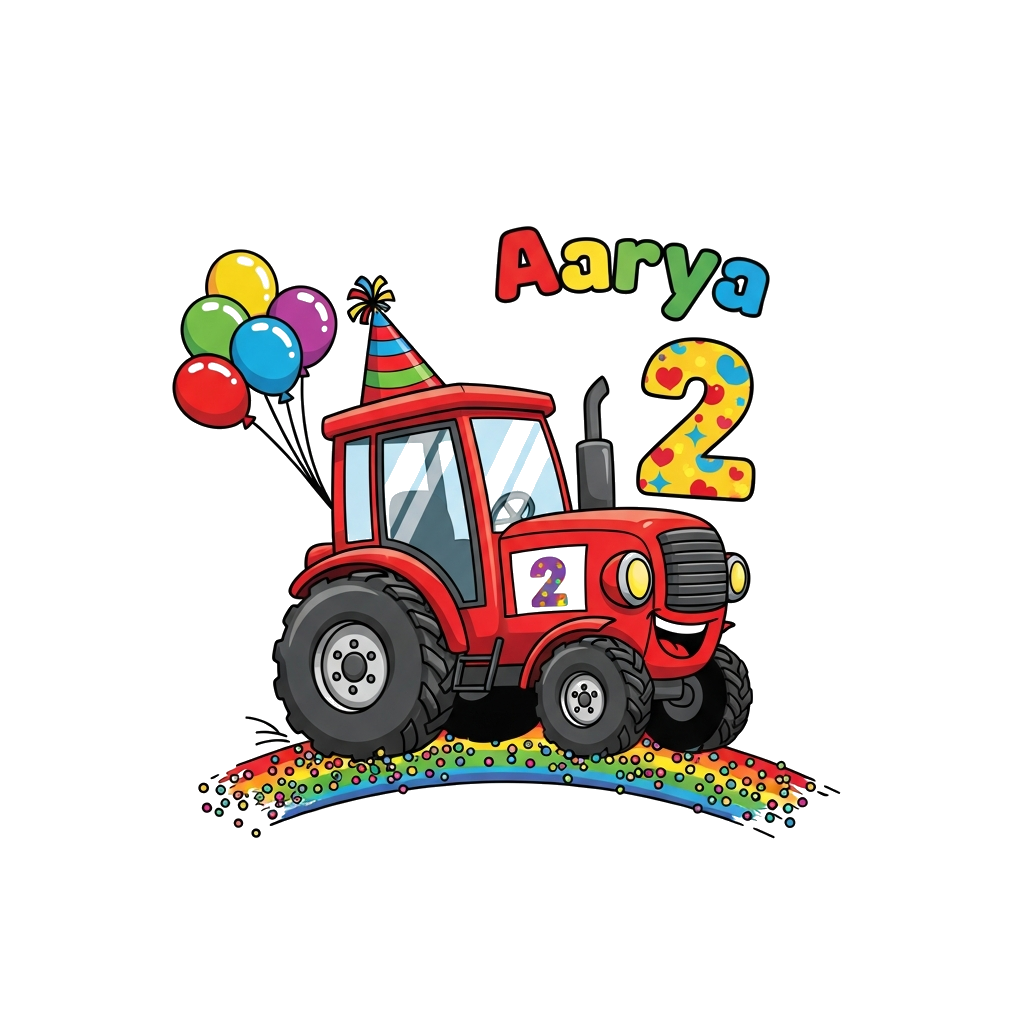 Custom design: A super cute cartoon tractor, smiling cheerfully, adorned with colorful birthday balloons and a party hat, driving on...
