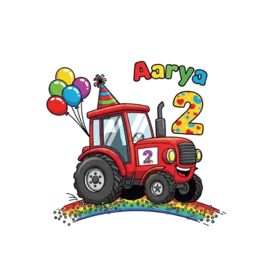 Design: A super cute cartoon tractor, smiling cheerfully, adorned with colorful birth...