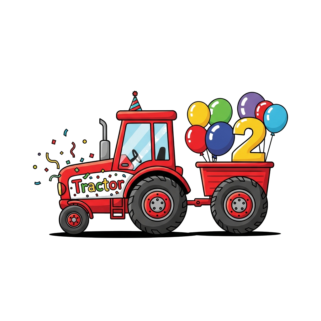 Custom design: A cheerful red cartoon tractor wearing a tiny birthday party hat, pulling a wagon filled with colorful balloons and a...
