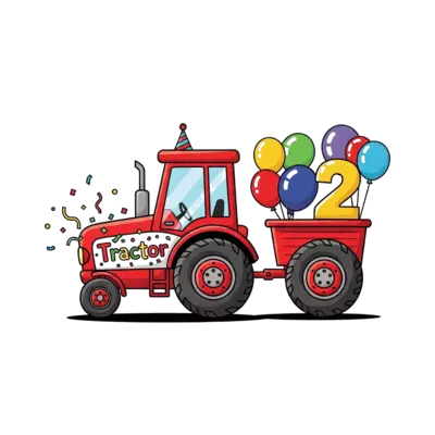 Design: A cheerful red cartoon tractor wearing a tiny birthday party hat, pulling a w...