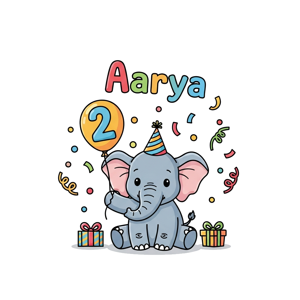 Custom design: A super cute baby elephant wearing a tiny party hat, holding a balloon shaped like the number '2', with 'Aarya' writt...