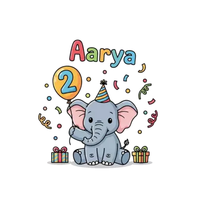 Design: A super cute baby elephant wearing a tiny party hat, holding a balloon shaped...