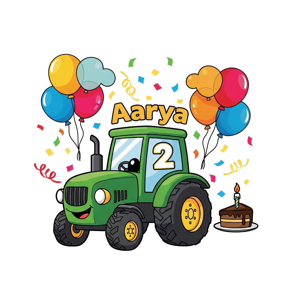 Custom design: A super cute cartoon green tractor, smiling, with a big number '2' on its side and 'Aarya' written playfully above. I...