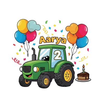 Design: A super cute cartoon green tractor, smiling, with a big number '2' on its sid...
