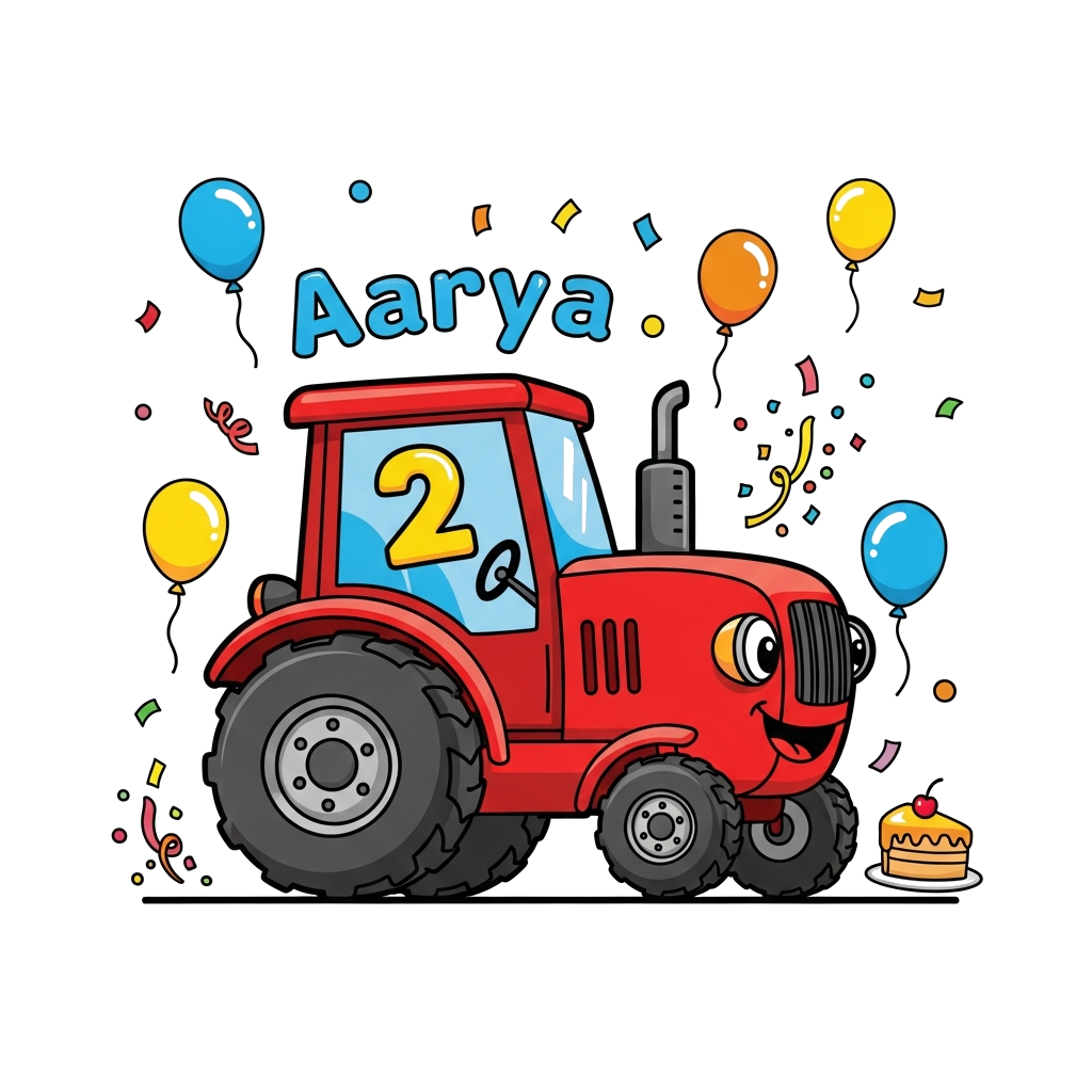Custom design: A super cute cartoon red tractor, smiling, with a big number '2' on its side and 'Aarya' written playfully above. It'...