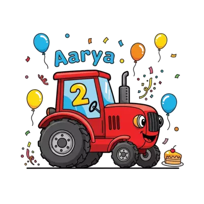 Design: A super cute cartoon red tractor, smiling, with a big number '2' on its side ...