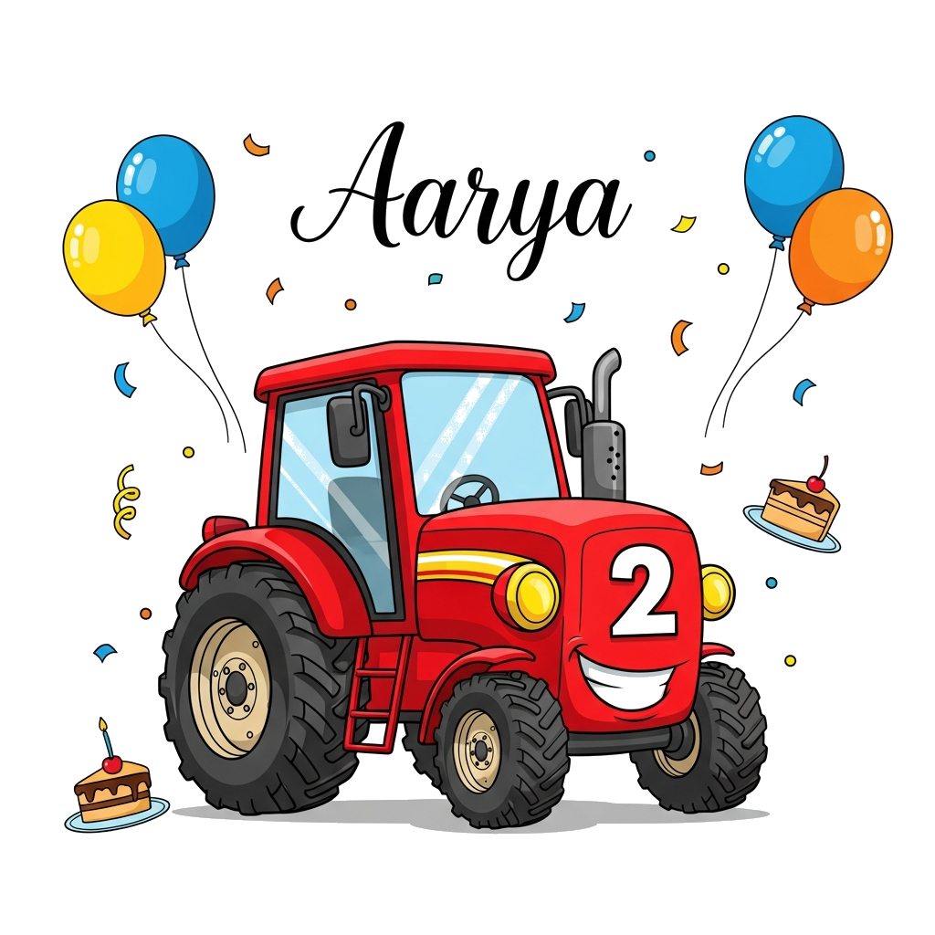 Custom design: A super cute smiling red cartoon tractor with a big number '2' on its side. Above the tractor, the name 'Aarya' is wr...