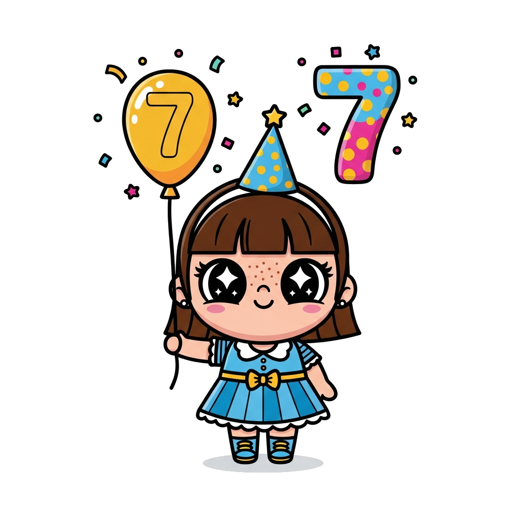 Custom design: A cheerful, cute cartoon doll with big, sparkling eyes, holding a colorful birthday balloon shaped like the number 7,...