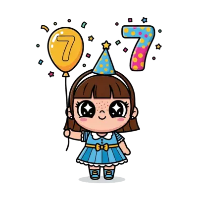 Design: A cheerful, cute cartoon doll with big, sparkling eyes, holding a colorful bi...