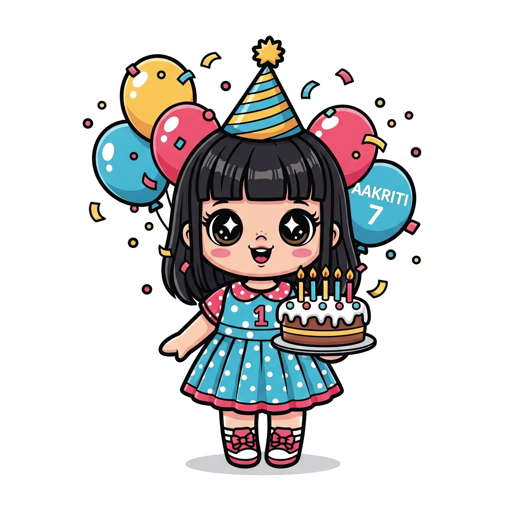 Custom design: A cute cartoon doll with big, sparkling eyes and a joyful expression, holding a birthday cake with 7 candles, surroun...