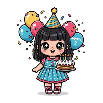 Design: A cute cartoon doll with big, sparkling eyes and a joyful expression, holding...