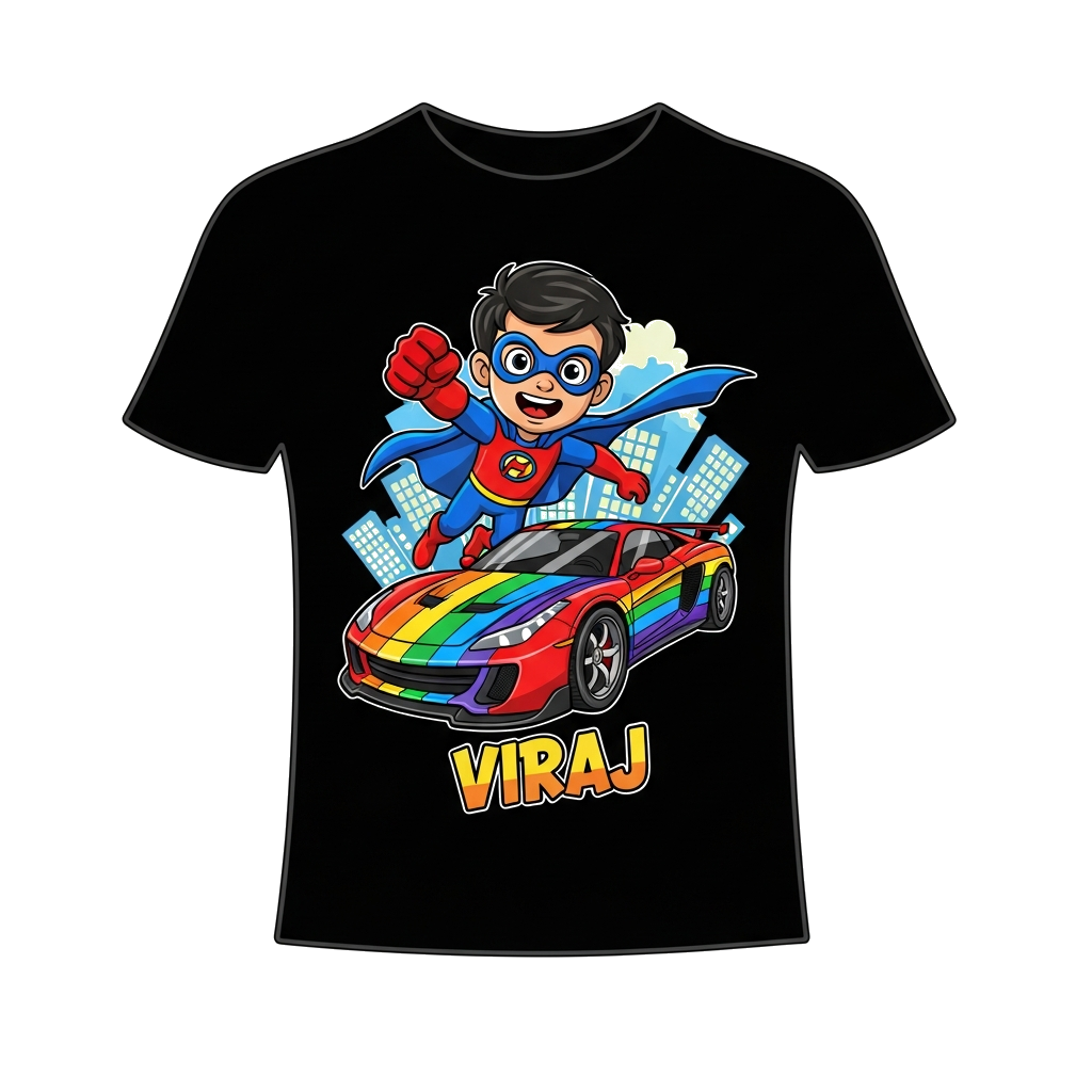 Custom design: A dynamic cartoon illustration of a superhero child named Viraj, with a red and blue costume, flying alongside a cool...