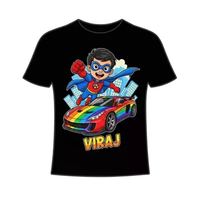 Design: A dynamic cartoon illustration of a superhero child named Viraj, with a red a...