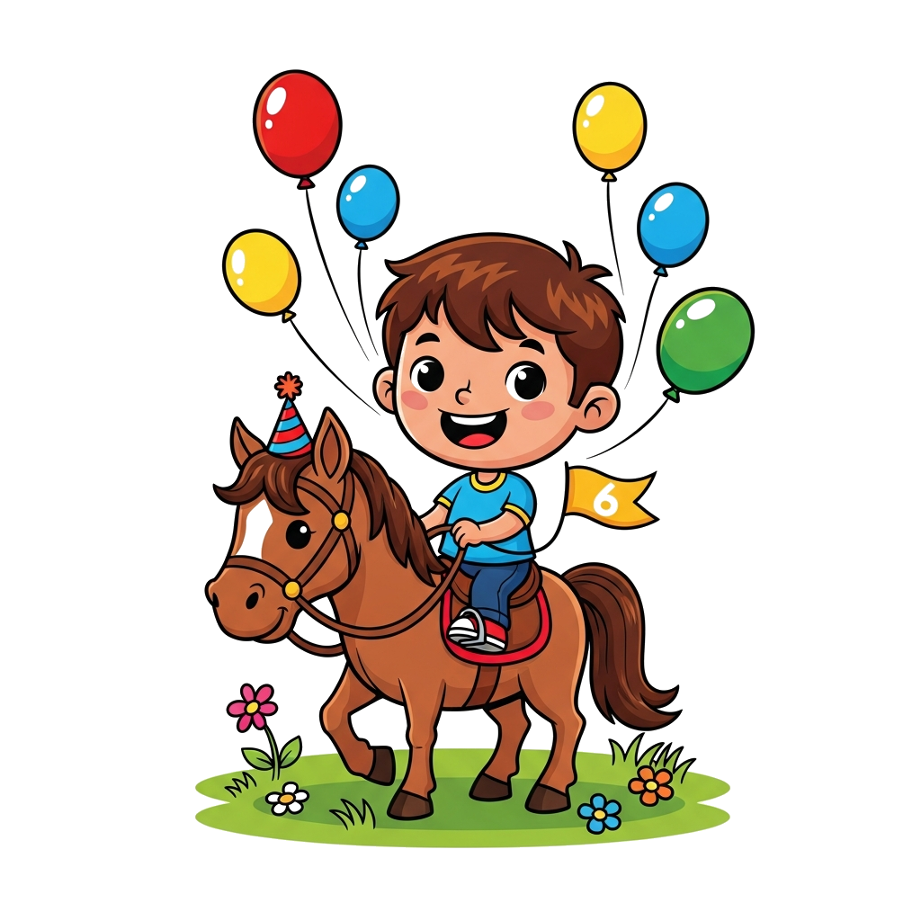 Custom design: A cheerful cartoon illustration of a 6-year-old boy, resembling Srihaan, happily riding a friendly brown horse throug...