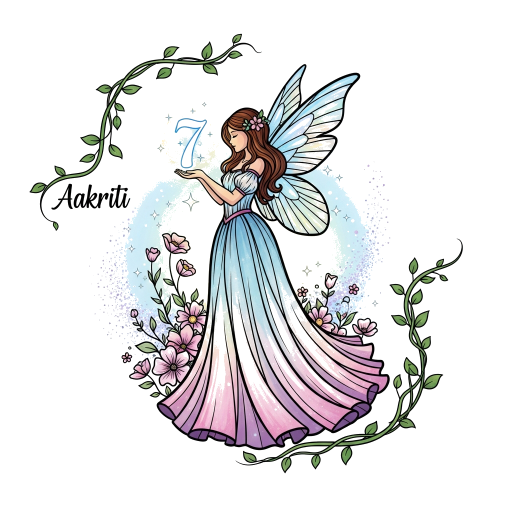 Custom design: An elegant fairy princess with flowing, pastel gown and shimmering wings, gently holding a magical, glowing number '7...