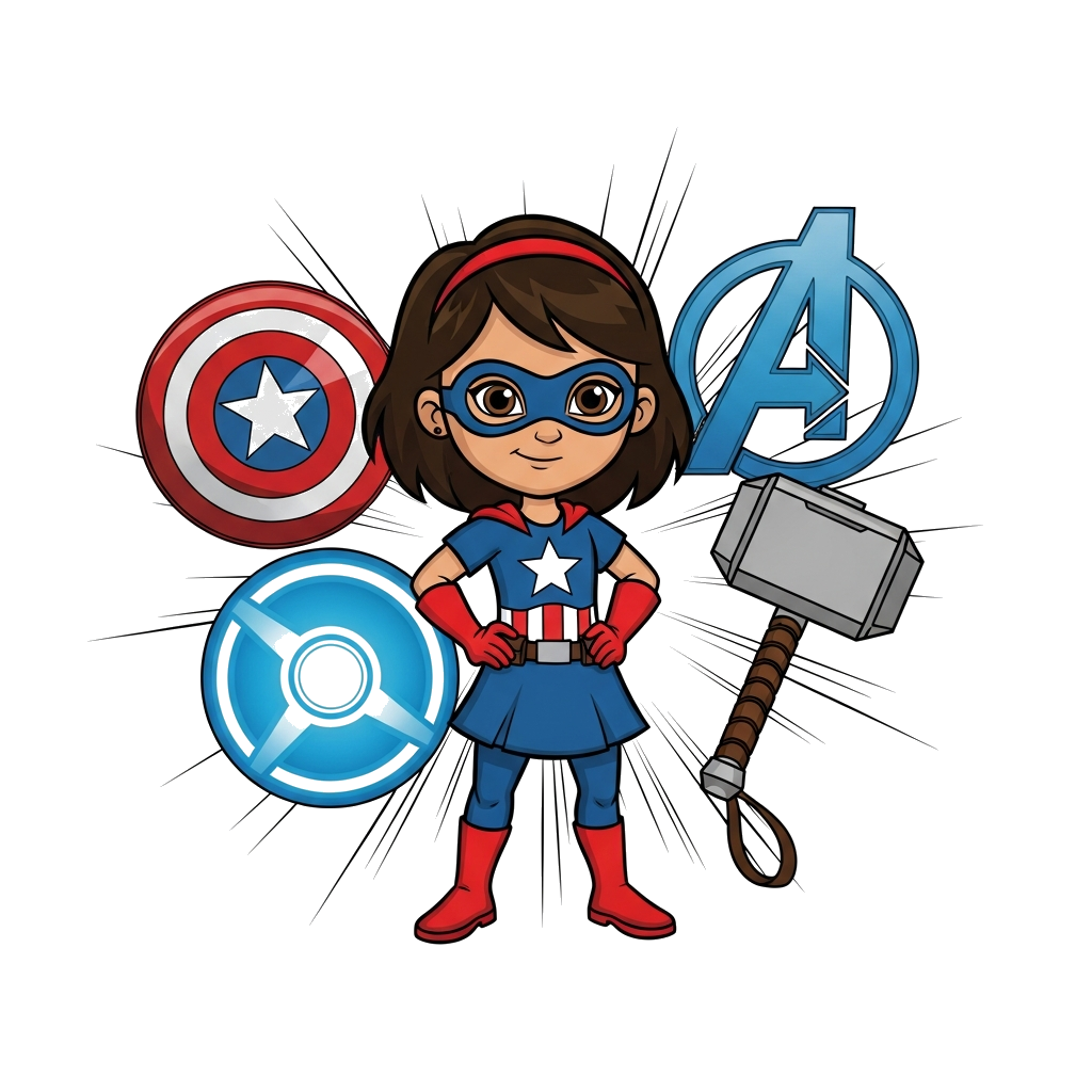 Custom design: A dynamic comic book style illustration featuring a powerful young superhero, 'Yonit the super hero', standing confid...