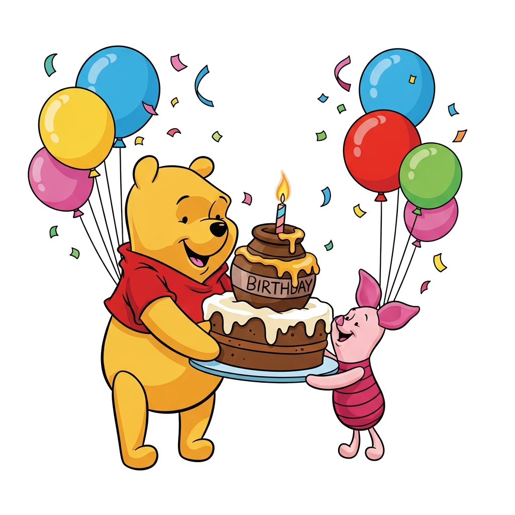 Custom design: A cheerful Winnie the Pooh and Piglet sharing a big birthday cake topped with a honey pot, surrounded by colorful bal...