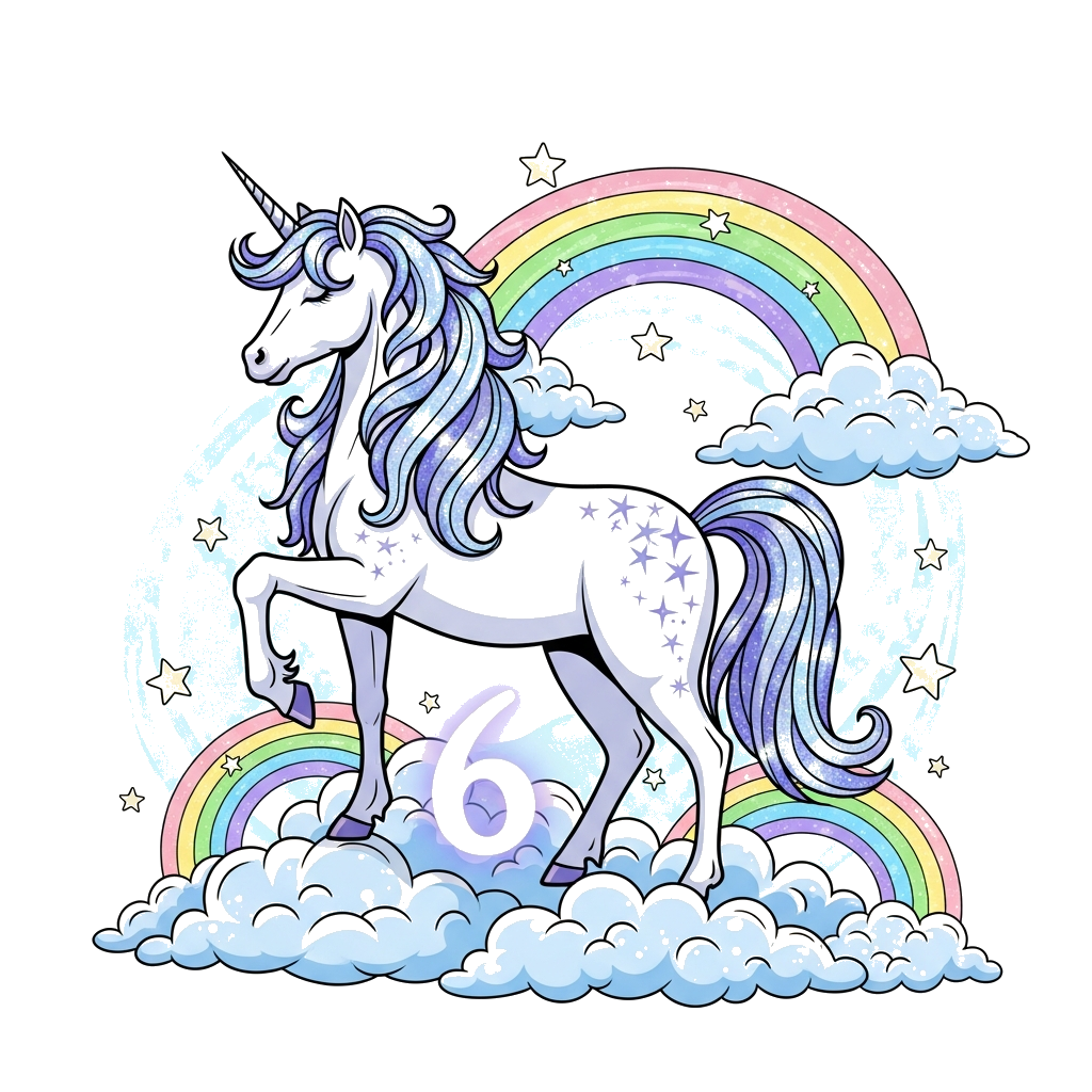 Custom design: A majestic, sparkly unicorn with a shimmering mane and tail, standing gracefully amidst a dreamy cloudscape with soft...