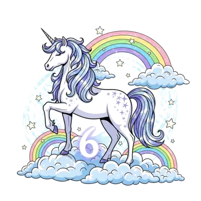 Design: A majestic, sparkly unicorn with a shimmering mane and tail, standing gracefu...