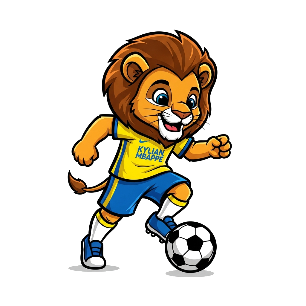 Custom design: A cheerful, dynamic cartoon illustration of a football player, possibly a cute animal like a lion cub or a young boy,...