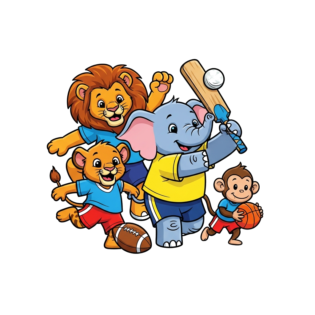 Custom design: A vibrant, cheerful cartoon illustration of various cute animals playing different sports together – a lion cub kicki...
