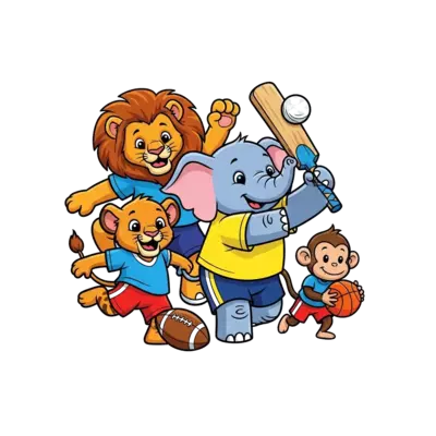 Design: A vibrant, cheerful cartoon illustration of various cute animals playing diff...