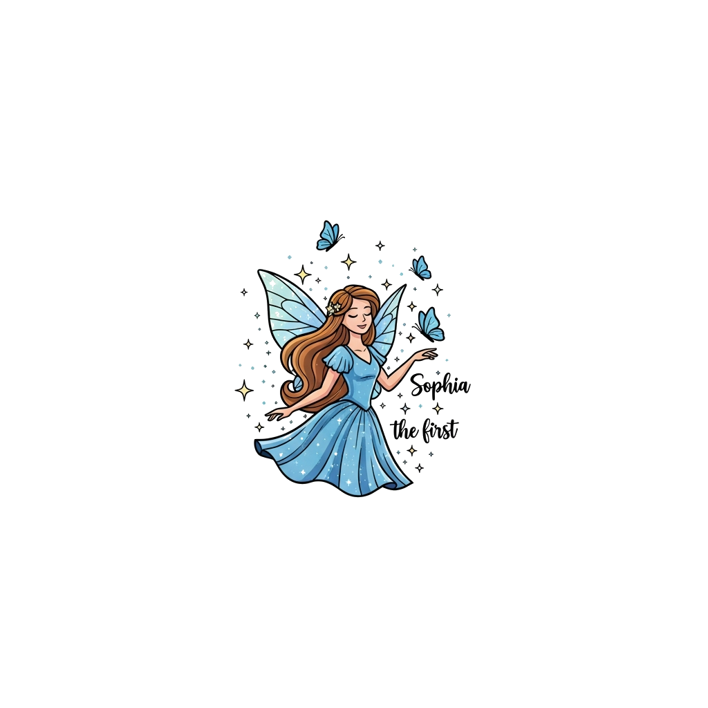 Custom design: An elegant, magical illustration of a graceful fairy princess with long flowing hair, surrounded by shimmering stardu...