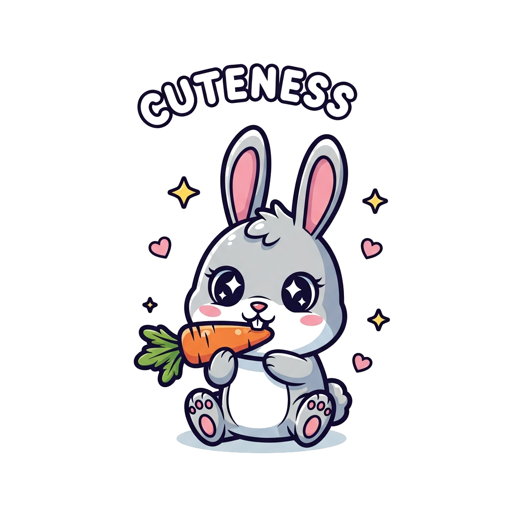 Custom design: A super cute cartoon baby rabbit with big, sparkling eyes, happily munching on a carrot, surrounded by tiny hearts an...