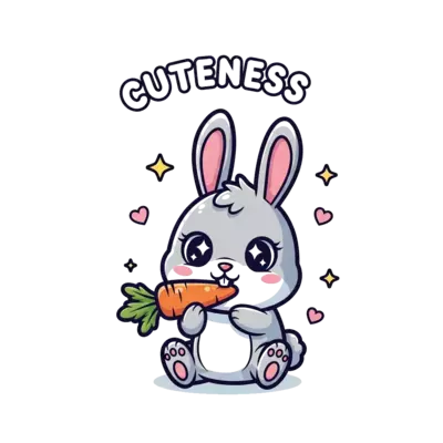 Design: A super cute cartoon baby rabbit with big, sparkling eyes, happily munching o...