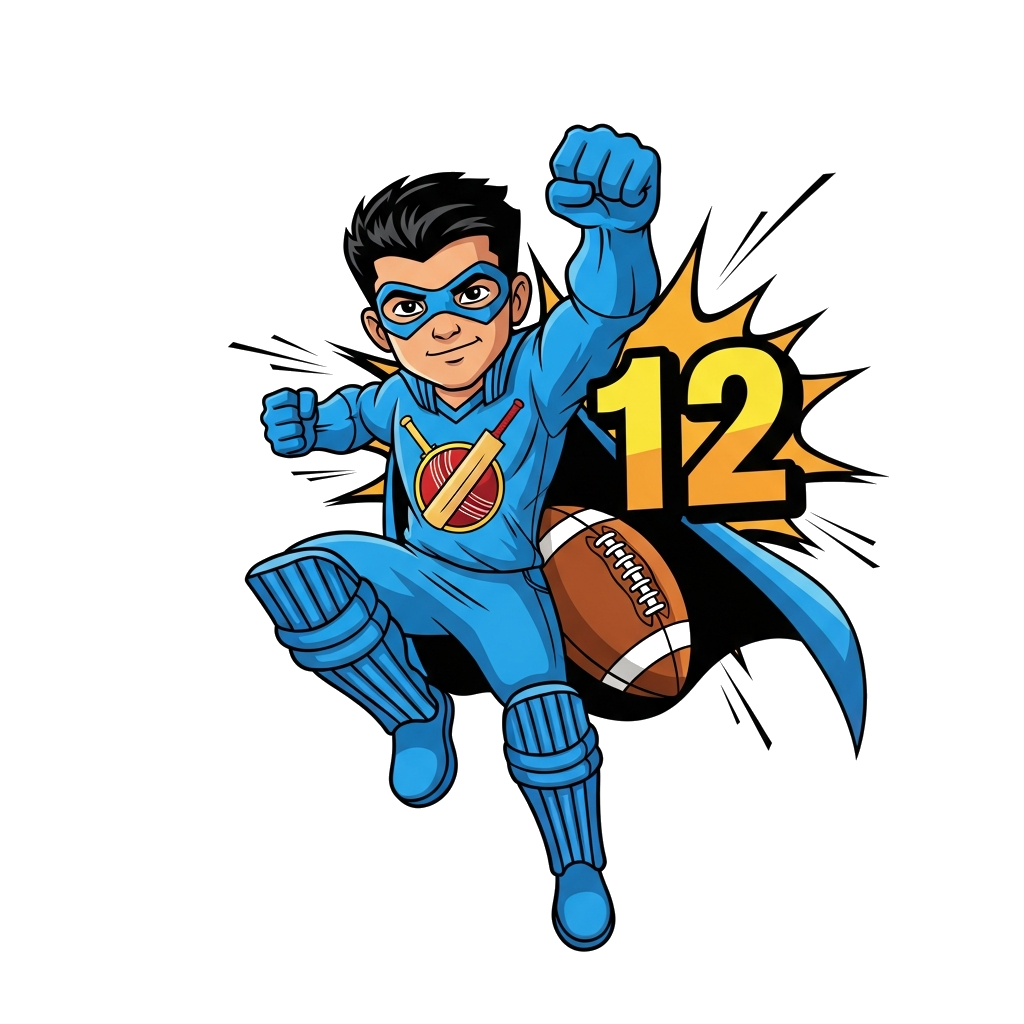 Custom design: A dynamic and energetic cartoon illustration of a superhero figure, resembling a young boy named Aaditya, leaping in ...