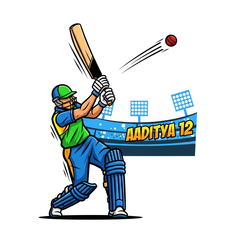 Custom design: A dynamic illustration of a cricket batsman hitting a powerful shot, with 'Aaditya 12' integrated subtly into the bac...