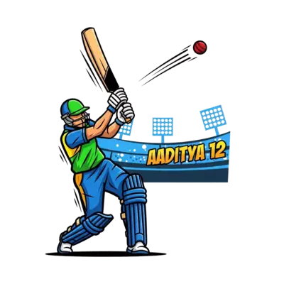 Design: A dynamic illustration of a cricket batsman hitting a powerful shot, with 'Aa...