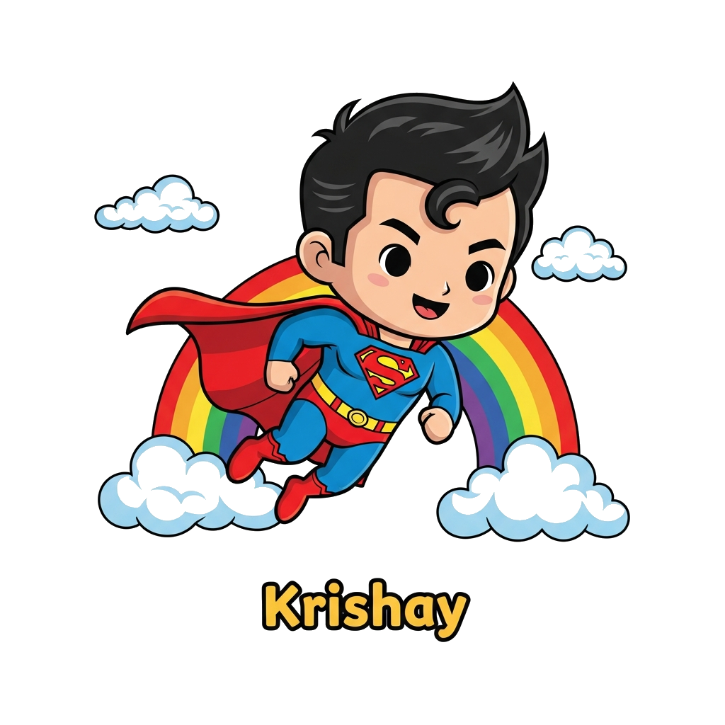 Custom design: A cute, chibi-style Superman character flying playfully, with his cape billowing, surrounded by soft, fluffy clouds a...
