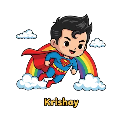 Design: A cute, chibi-style Superman character flying playfully, with his cape billow...