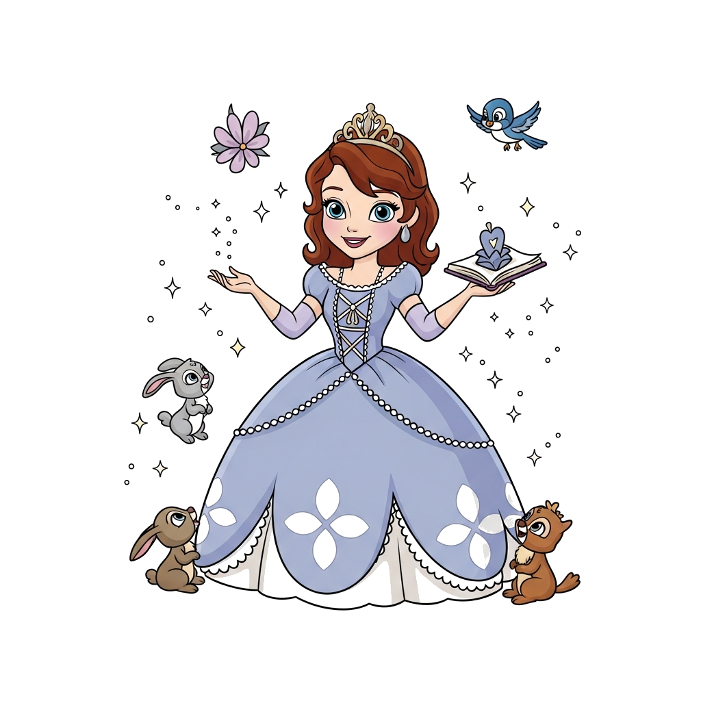 Custom design: A cute and whimsical illustration of Princess Sophia the First, surrounded by sparkling magical dust and tiny forest ...