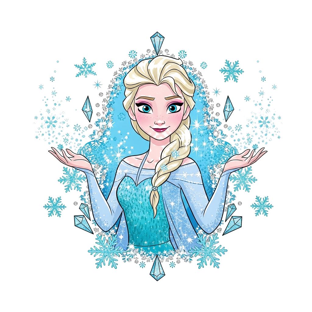 Custom design: A majestic illustration of Elsa from Frozen, rendered in a sparkly and glamorous style, with shimmering ice magic ema...