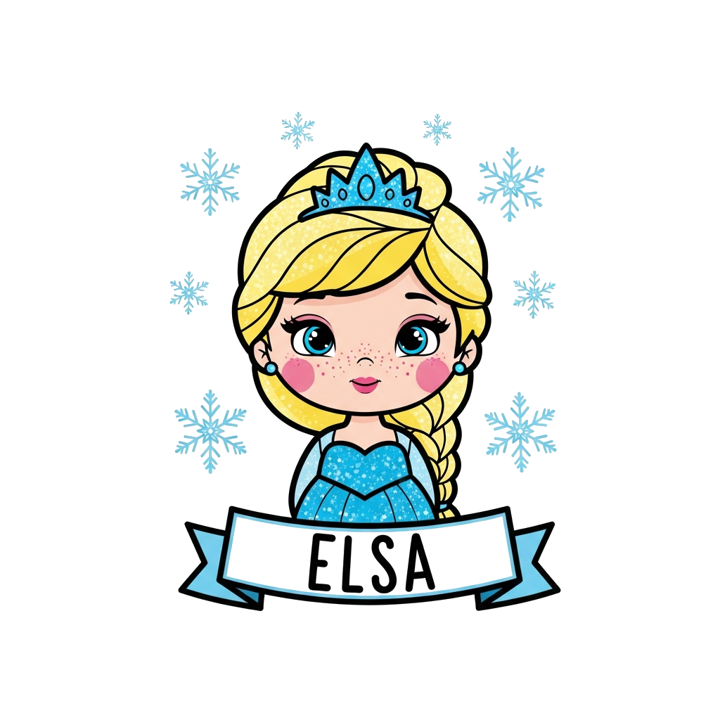 Custom design: A super cute cartoon ice princess with rosy cheeks, sparkling blue dress, and a tiny crown, surrounded by whimsical s...