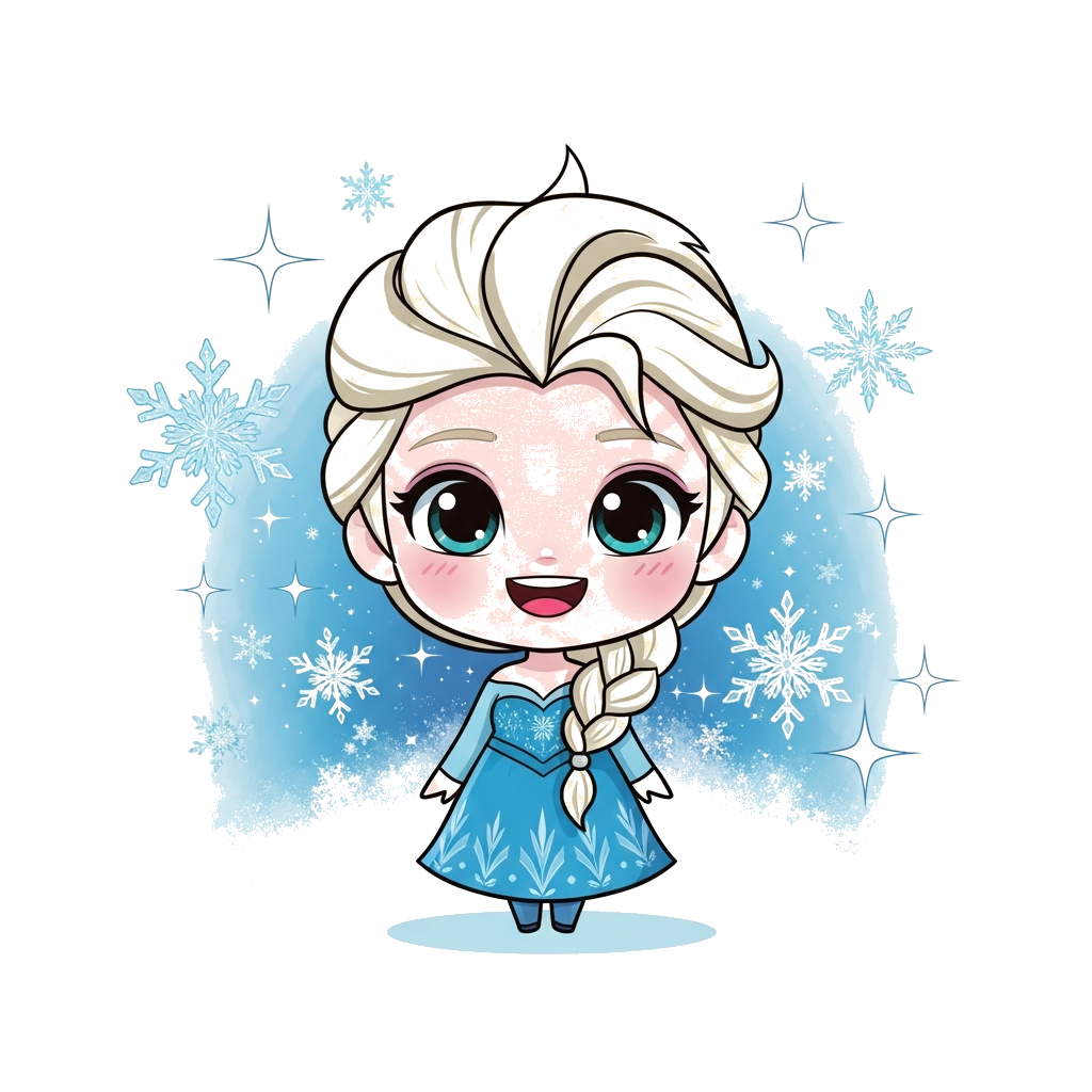Custom design: A cute, chibi-style cartoon Elsa with a big smile, surrounded by sparkling snowflakes and a whimsical frosty backgrou...