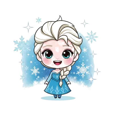 Design: A cute, chibi-style cartoon Elsa with a big smile, surrounded by sparkling sn...