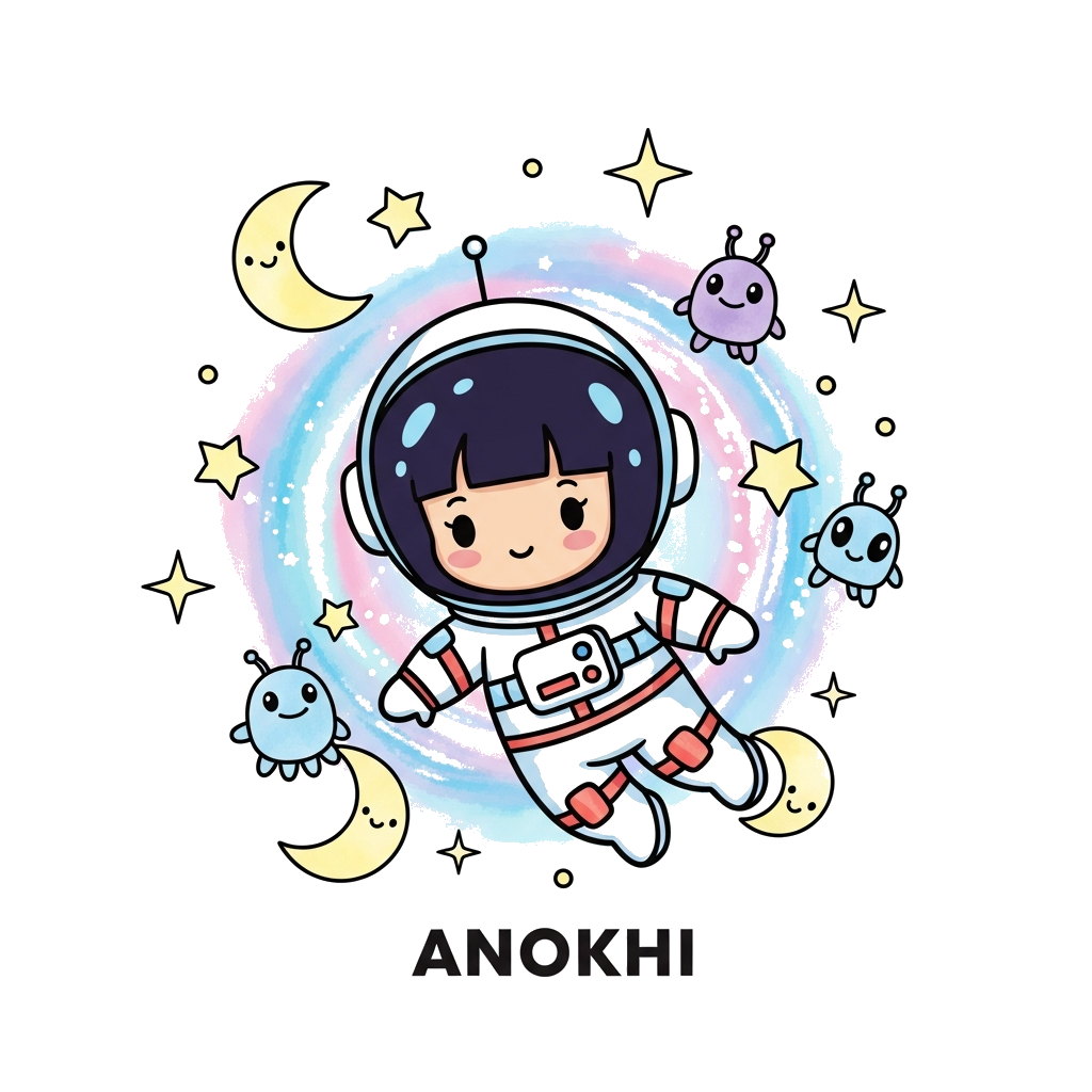 Custom design: A whimsical illustration of a little girl astronaut named ANOKHI floating gently in a pastel galaxy, surrounded by so...