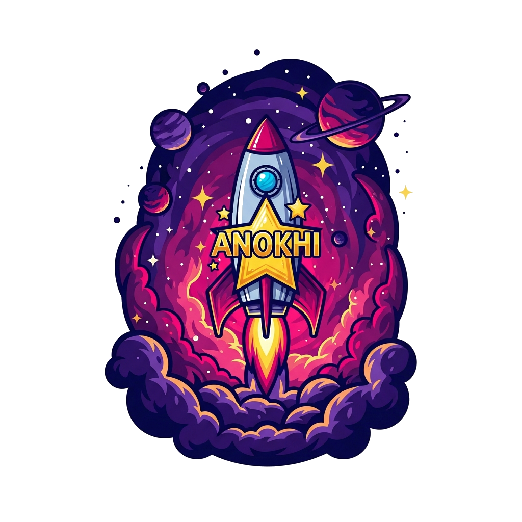 Custom design: A bold and cool illustration of a rocket launching into a cosmic sky, with 'ANOKHI' incorporated into the stars. Domi...