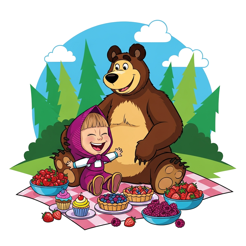 Custom design: A cute cartoon illustration of Masha and the Bear having a joyful picnic with colorful pastries and berries in a lush...