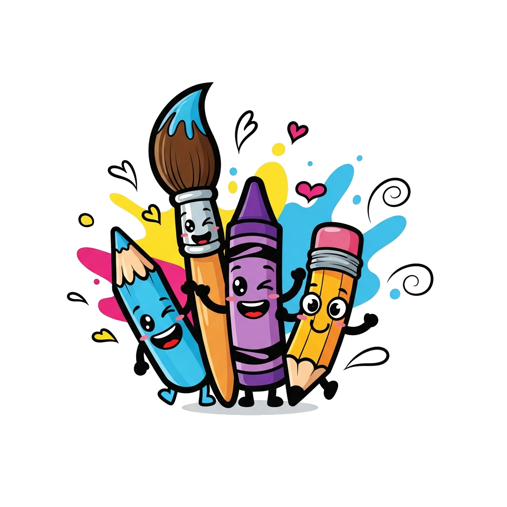 Custom design: A cheerful group of anthropomorphic art supplies – a smiling paintbrush, a winking crayon, and a friendly pencil – ha...