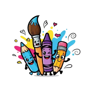 Design: A cheerful group of anthropomorphic art supplies – a smiling paintbrush, a wi...