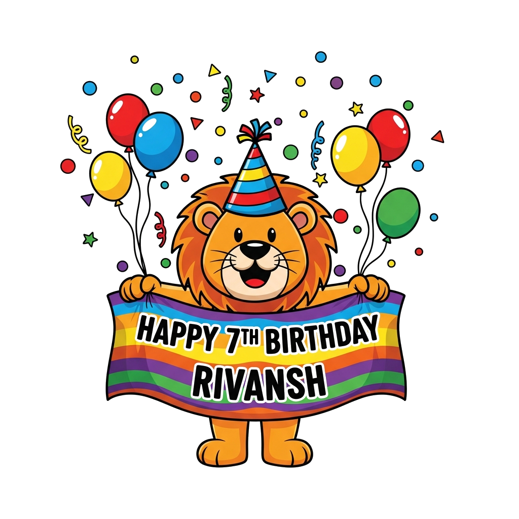 Custom design: A cheerful and friendly cartoon lion character wearing a colorful party hat, proudly holding a festive banner that re...