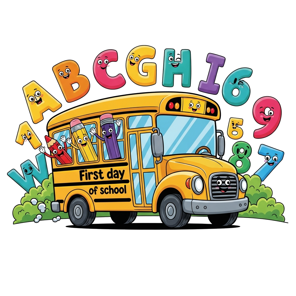 Custom design: A vibrant cartoon illustration of a cheerful school bus driving through a landscape of oversized, friendly alphabets ...