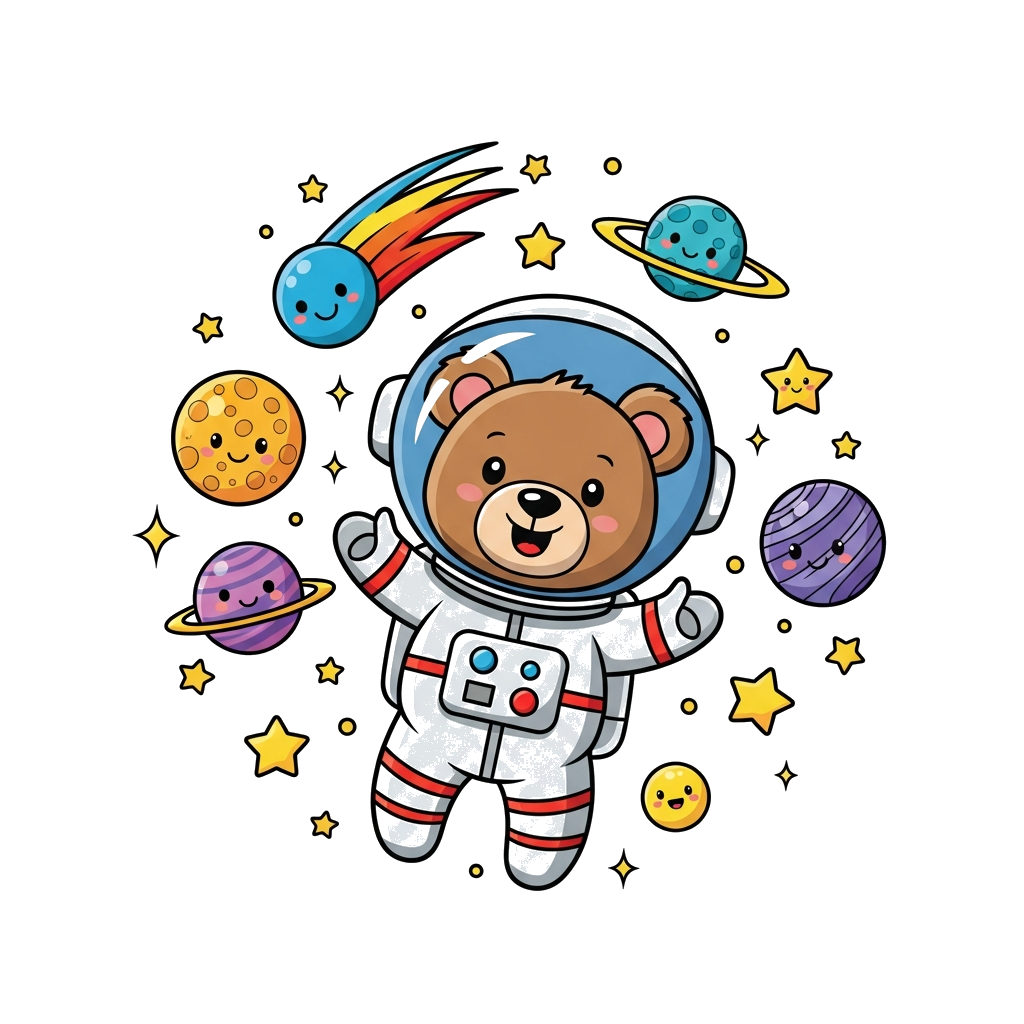 Custom design: A cheerful cartoon baby astronaut (could be a bear or a fox) floating in a vibrant galaxy, surrounded by twinkling st...